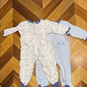 Little Me Blue and White Elephant Print Footie Pajamas lot of 2